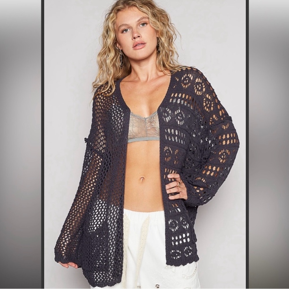 POL Open-Knit Crochet Cardigan in Charcoal